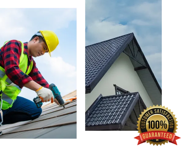 A two-panel image from Silverline Roofing Ltd showing a roofer installing a roof on the left, a finished metal tile roof on the right, and a seal for "100% Customer satisfaction Guaranteed