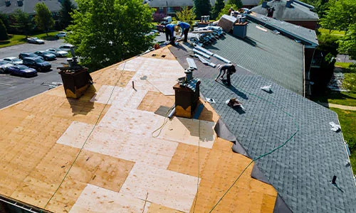 Roof replacement Edmonton by Silverline Roofing Limited, showing the process of removing old shingles and installing new roofing materials on a large residential roof.